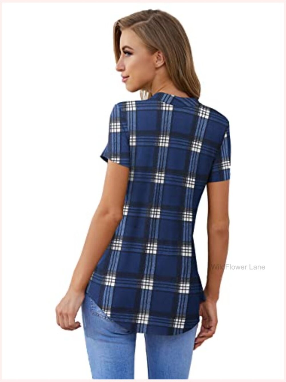 Women's Zip V Neck Plaid Short Sleeve Tunic Top Blouse - Picture 4 of 7